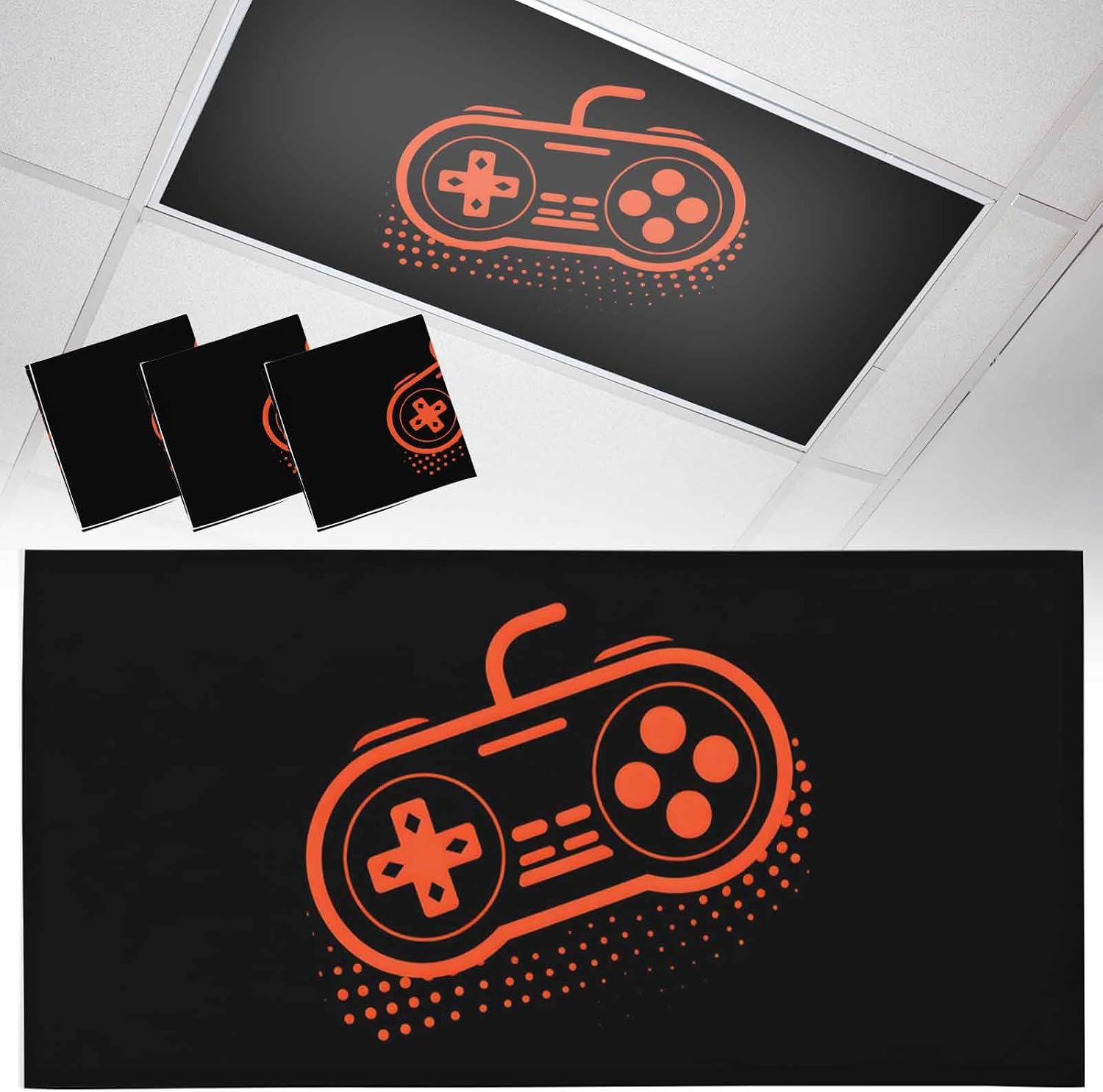 Fluorescent Light Covers, Orange Game Controller Magnetic Light Covers for Ceiling Lights, Modern Art Gaming Handheld Black Fluorescent Ceiling Shade Filters for Classroom Bedroom Office 4x2Ft x 3PCS