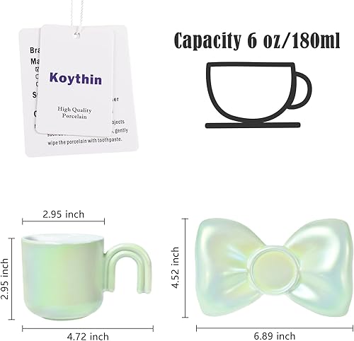 Miniatura 2 de Koythin Taza de café de cerámica, bonita taza creativa con platillo de lazo, taza de café novedosa con agarre cómodo para oficina y hogar, 6.5 onzas