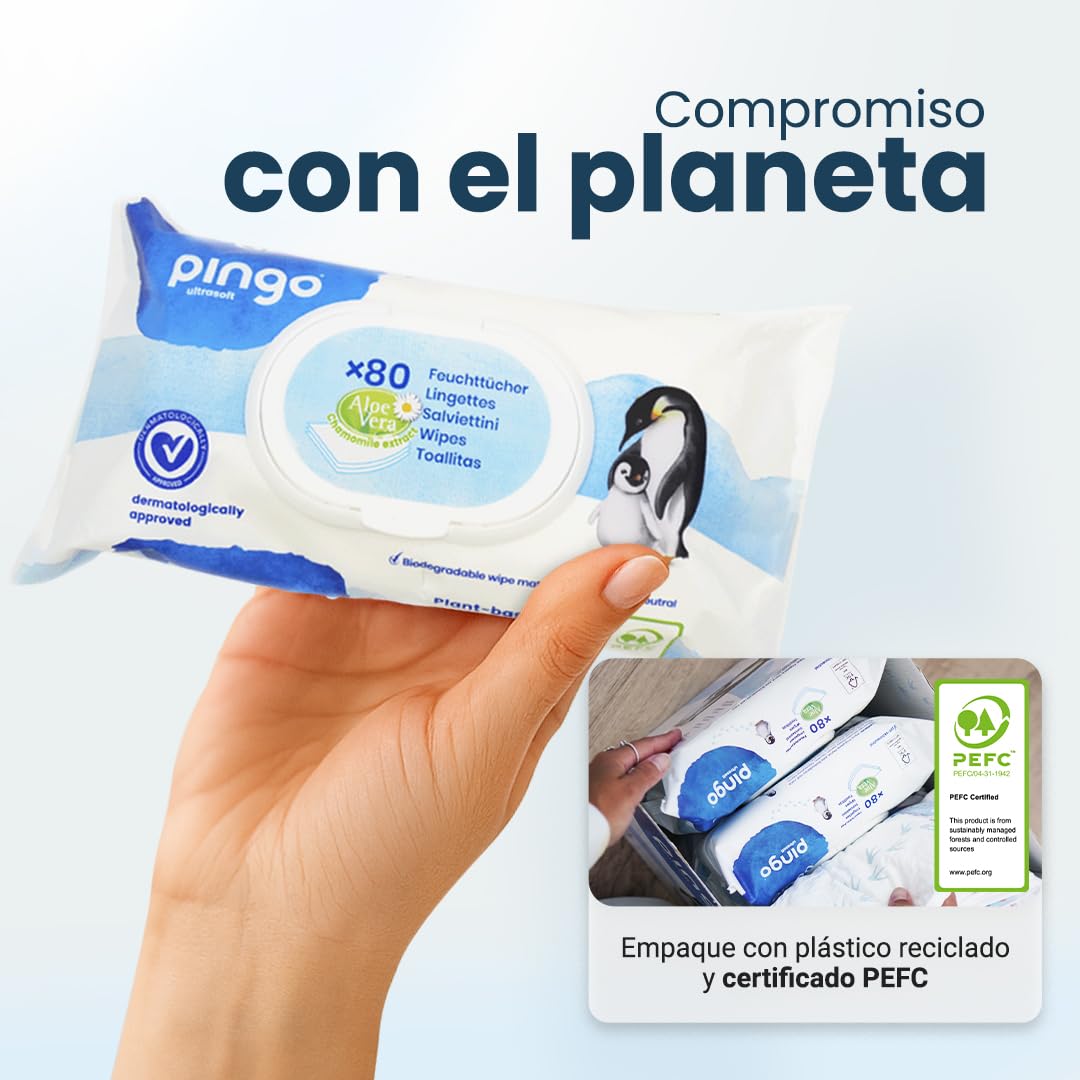 Pingo Toallitas Húmedas para Bebé, 99% Agua, Sin Perfume, Hipoalergénicas y Suaves, 960 Toallitas (12 Packs de 80) - Cuida y Protege la Piel Delicada