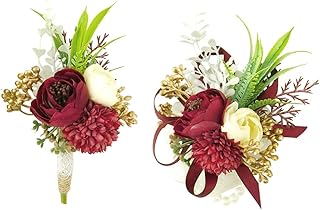Ansofi Corsage and Boutonniere Set Artificial Rose Flower Wrist Corsage and Boutineers for Groom Groomsmen Bride Bridesmaids Prom Rustic Vintage Wedding Decor (Burgundy Wine Red)