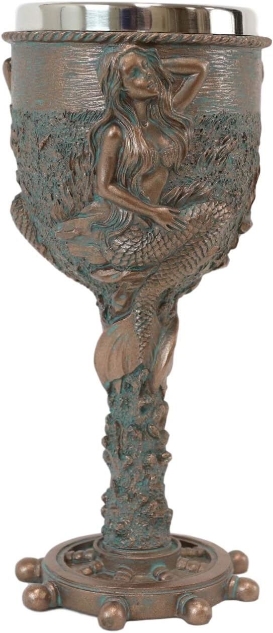 Ebros Nautical Sirens Of The Sea Rustic Mermaid Maiden By Coral Reef With Ship Helm Wheel Base Wine Goblet Chalice Beverage Drinkware Serveware Decorative Mermaids Hand Painted Bronze Accent Resin