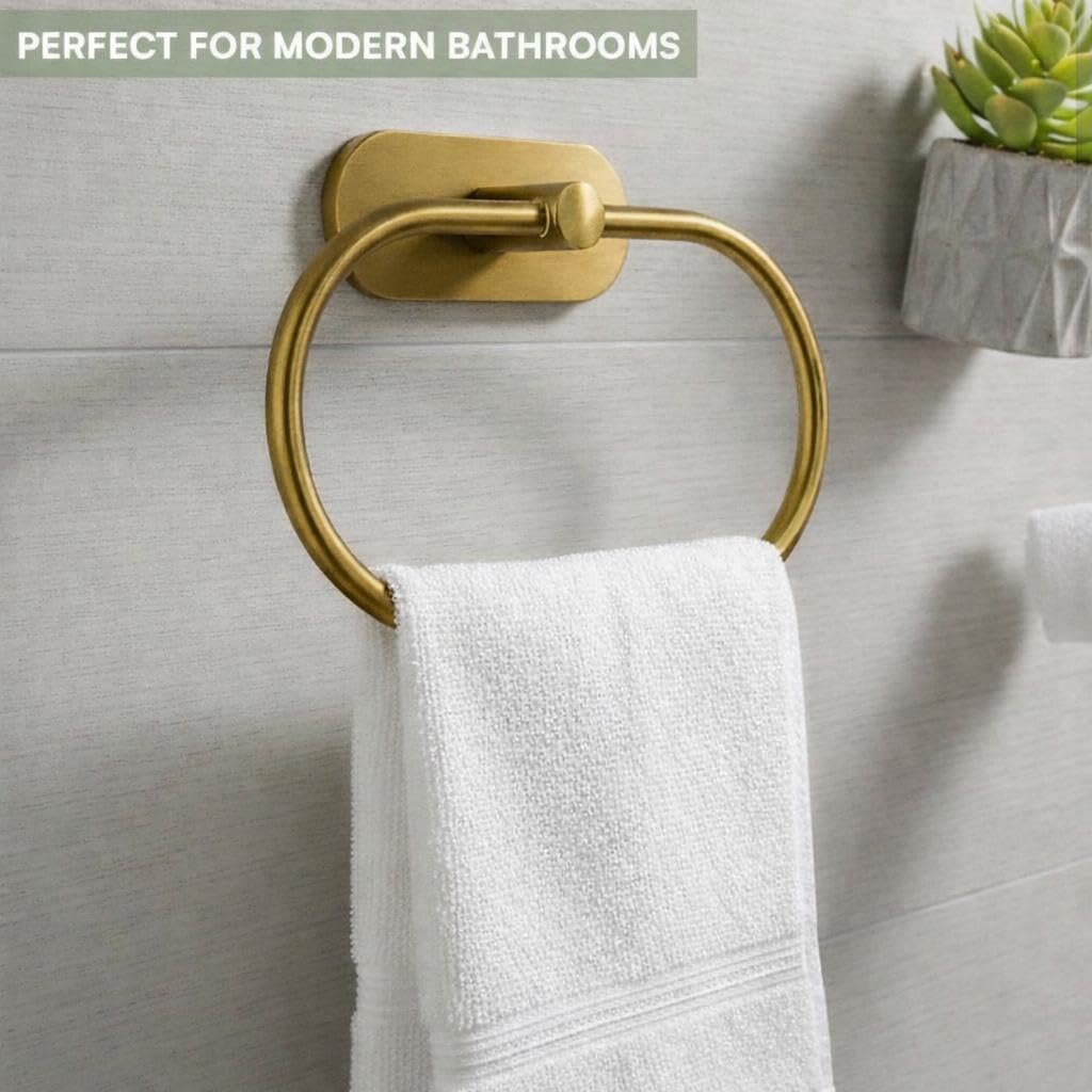 Oslen Magic Sticker Towel Ring Holder for Bathroom – Self Adhesive Wall Mount Hand Towel Hanger Without Drilling, Brushed Antique Brass Gold Finish, Rustproof Stainless Steel (Pack of 1) 1