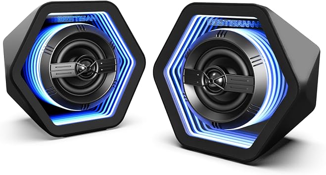 Computer Gaming Speakers, 50W Active Desktop Speakers with Infinity Mirror 3D Tunnel RGB 8 Modes, Bluetooth 5.3, AUX in, AC Powered for PC/Laptop/TV