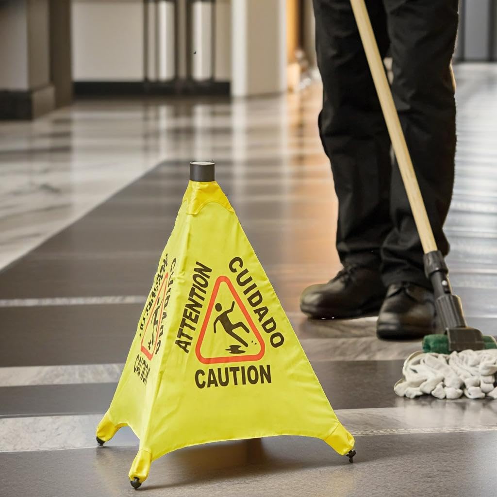 Letrero de precaución para suelo mojado, paquete de 2 – Cono desplegable resbaladizo cuando está mojado, montado en la pared, plegable, multilingüe, advertencia de seguridad amarilla para tiendas de