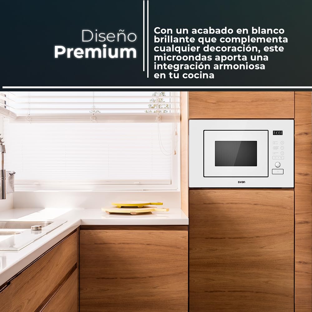 Svan Microondas 20 Litros Integrable con Grill Blanco SMWI2800DGB. 800W, Grill 1000W, 8 Programas, Modo Descongelación, Revestimiento Interior, Fácil Limpieza, Temporizador 95min.