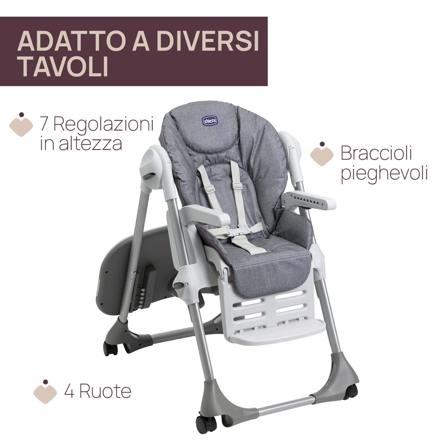 Polly Easy Seggiolone Pappa Evolutivo per Bambini da 6 Mesi a 3 Anni (15 kg), Seggiolone Reclinabile a Sdraietta con Altezza e Poggiapiedi Regolabili, 4 Ruote, Chiusura Compatta - Grey Melange