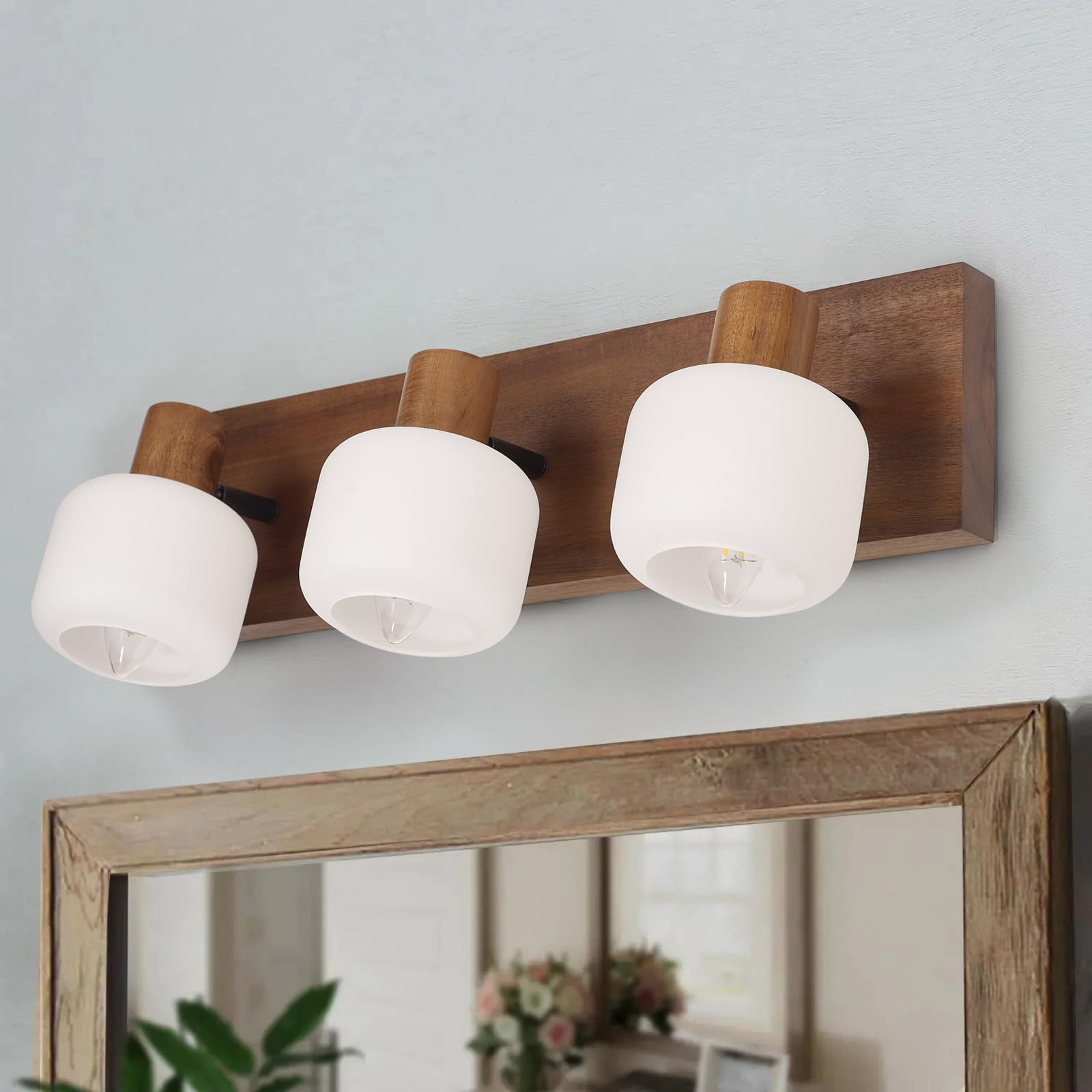 𝐌𝐒𝐓𝐄𝐓𝐎 Farmhouse Vanity Light Fixture,Rustic 3-Light Bathroom Solid Wood Wall Light Over Mirror with Off-White Glass Shade, Vintage Wall Lamp Adjustable Lighting for Living Room, Bedroom