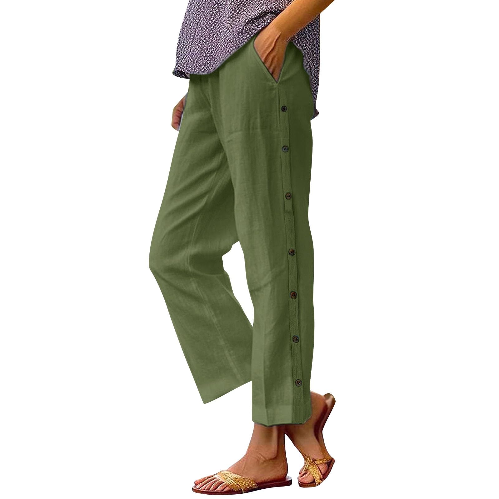 Women's Cotton Linen Side Button Pants - Summer Casual Straight Leg Beach Trousers With Pockets