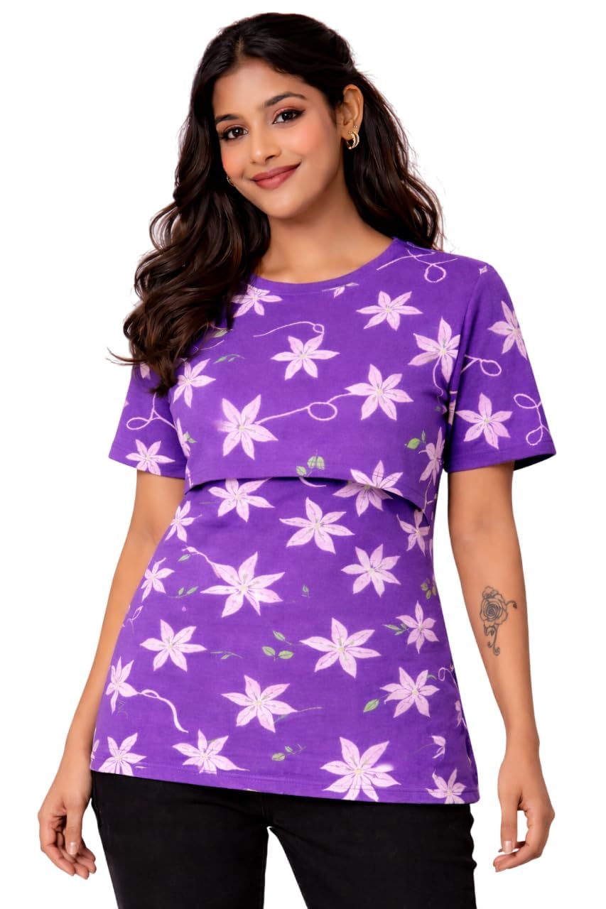 Maternity Topwear Women Printed Round Neck Cotton Blend T-Shirt for Pregnancy & Feeding Comfort-image-14