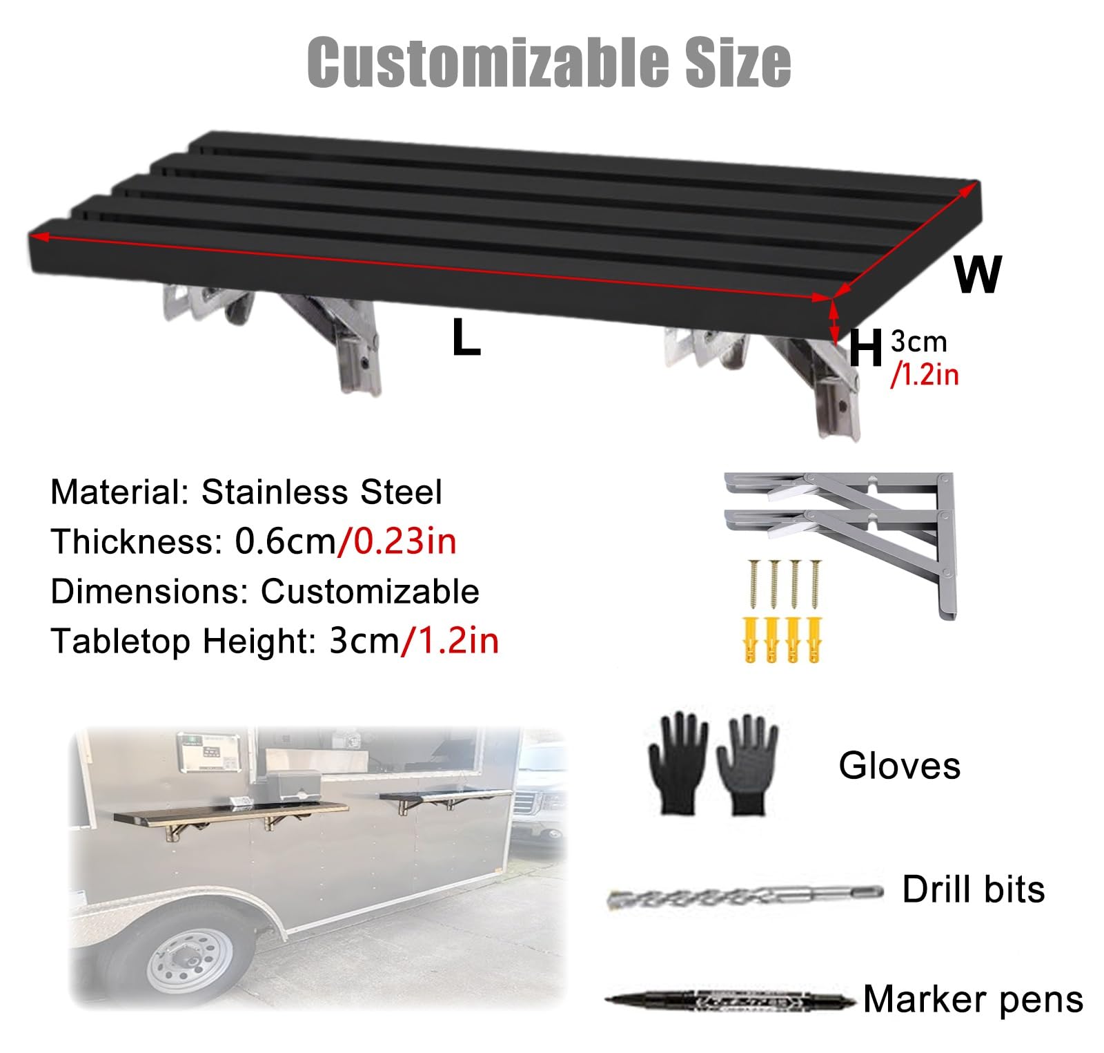 Farbroller wandfarbe Extra langer Imbissstand, an der Wand montierte Lattenroste aus Edelstahl für den Außenbereich, nach oben und unten klappbarer Imbisswagen(Black,46x12in/116x30cm)