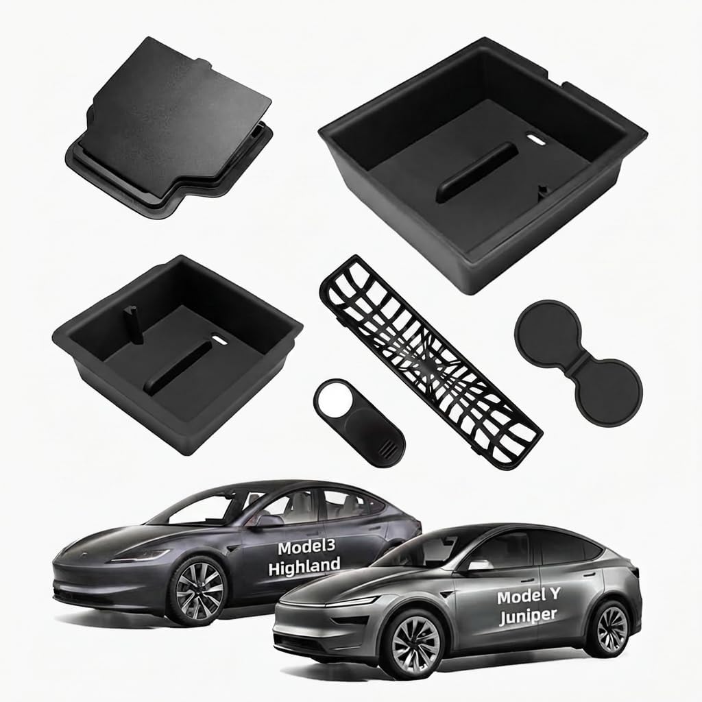 Center Console Organizer Tray for Tesla Model 3 Highland/Model Y Juniper, with Cup Holder, Rear Air Vent Filter, Magnetic Hidden Storage, ABS Plastic