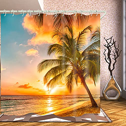 Waterproof Shower Curtains Sets For Bathroom Accessories With Natural Beach Coconut Tree Printed,Beautiful Wide Fabric Toilet Curtain For Bathtub,Polyester Bath Blind Set Hooks & Liners Bath Room #TOP4