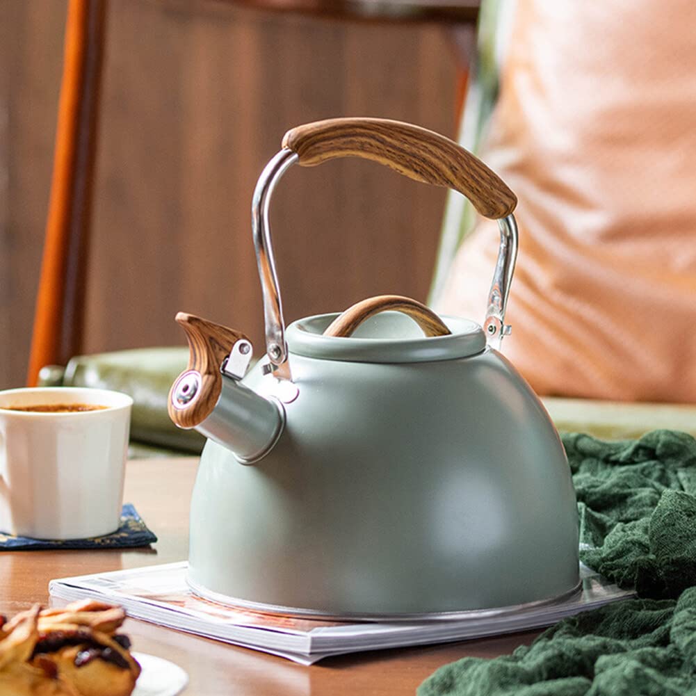 Uposao Bouilloire Sifflante Induction 3L INOX Théières avec Sifflet D'Avertissement Théière Design Vintage avec Poignée Bois pour Cuisinière, Bouilloire Gaz, sans BPA, pour Thé, Café, Vert Clair