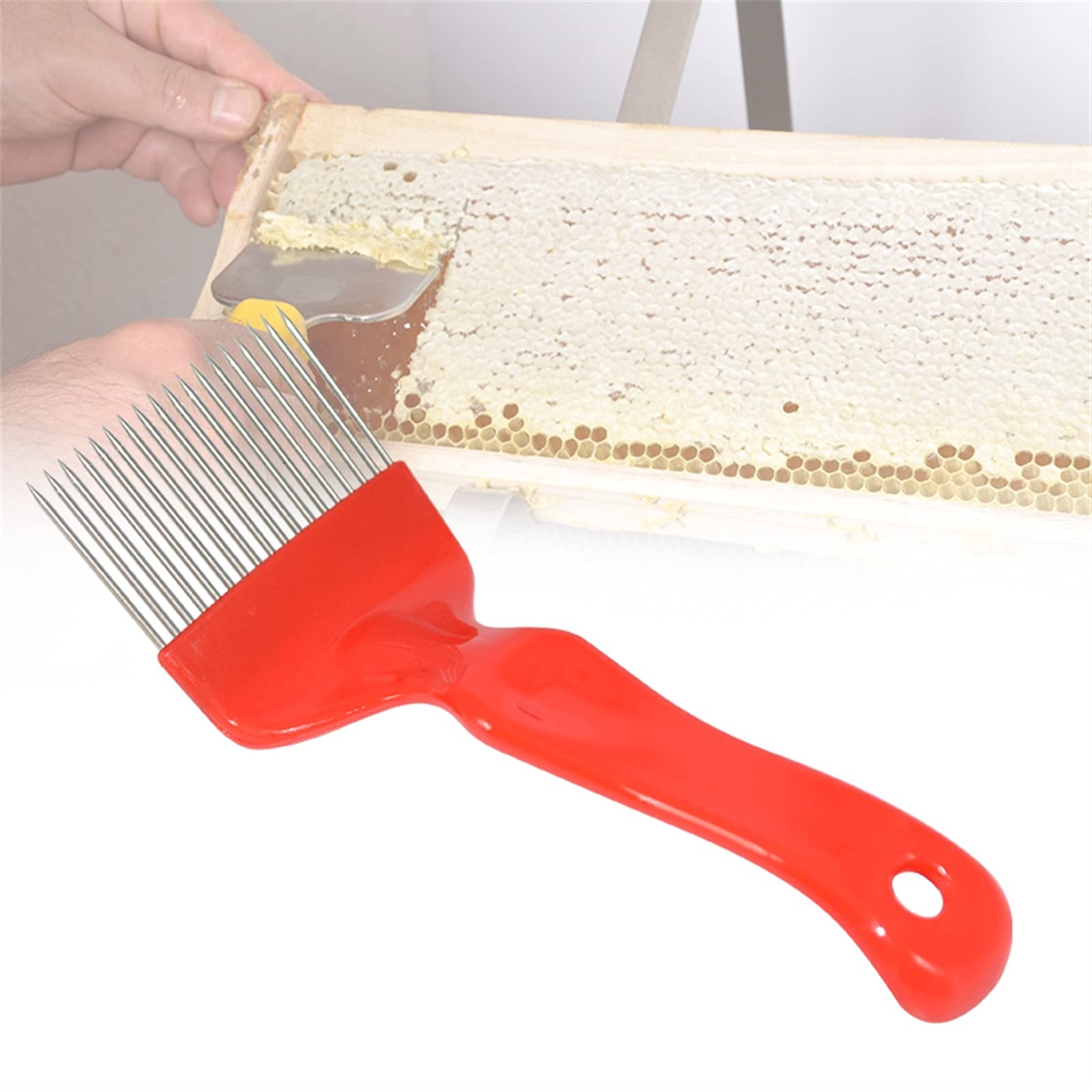 Imkerei-Handschuhe, 5 Stück, 18-polig, Edelstahlzinken, Entdeckelungsgabel, Honigschneider, Imkerei-Werkzeuge, Ausrüstung, Honigwabenschaber, Gabel (Farbe: Rot)