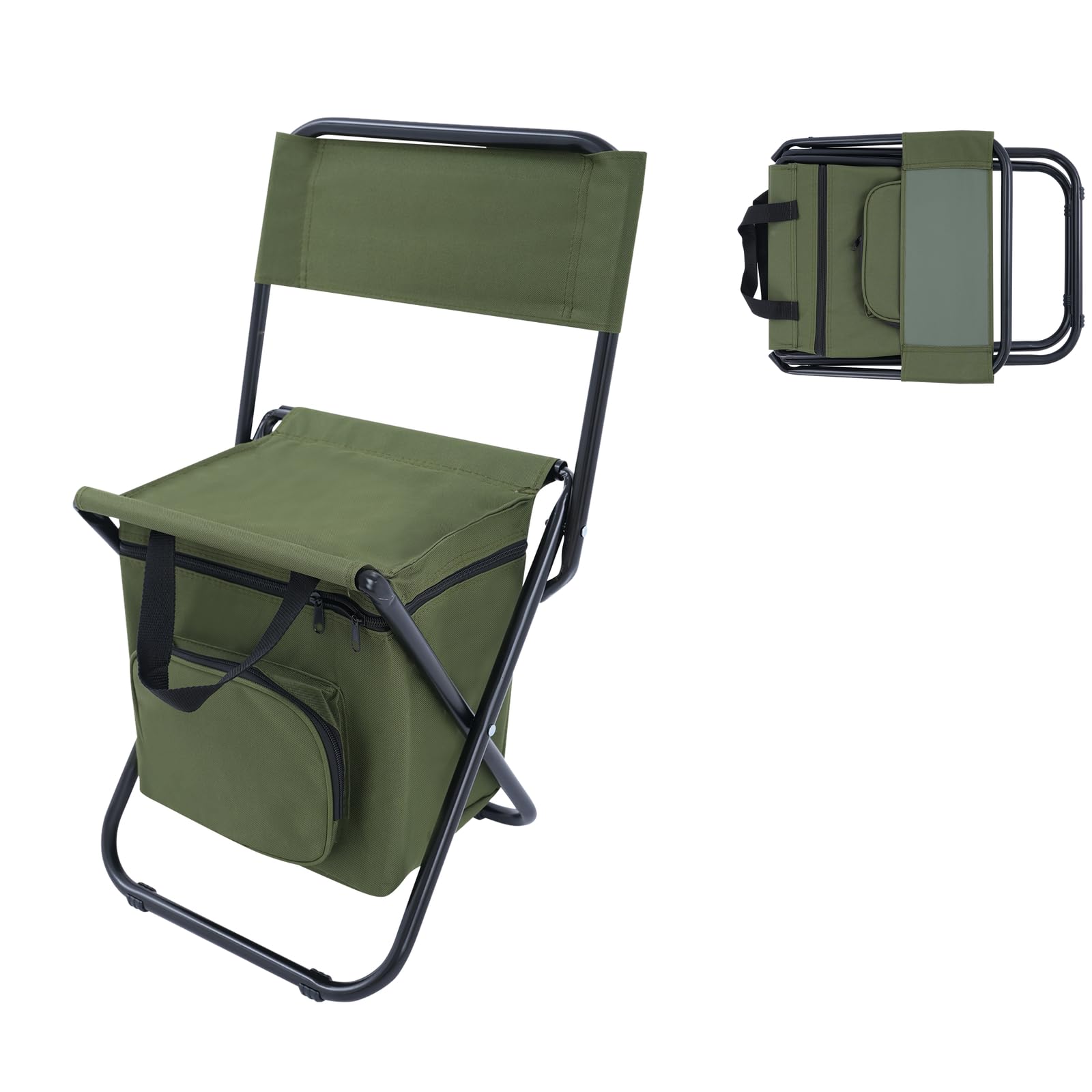 HHEMSTD Folding Fishing Chair with 10L Insulated Cooler Bag, Lightweight Camping Chair 35x28x60cm, 100kg Capacity for Fishing Hiking Picnic