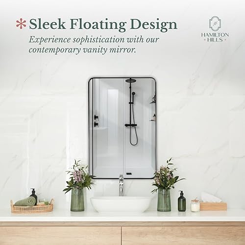 Miniatura 2 de Hamilton Hills Espejo con marco de metal negro cepillado de 24 x 36 pulgadas, espejo colgante para montar en la pared, diseño de esquina superior