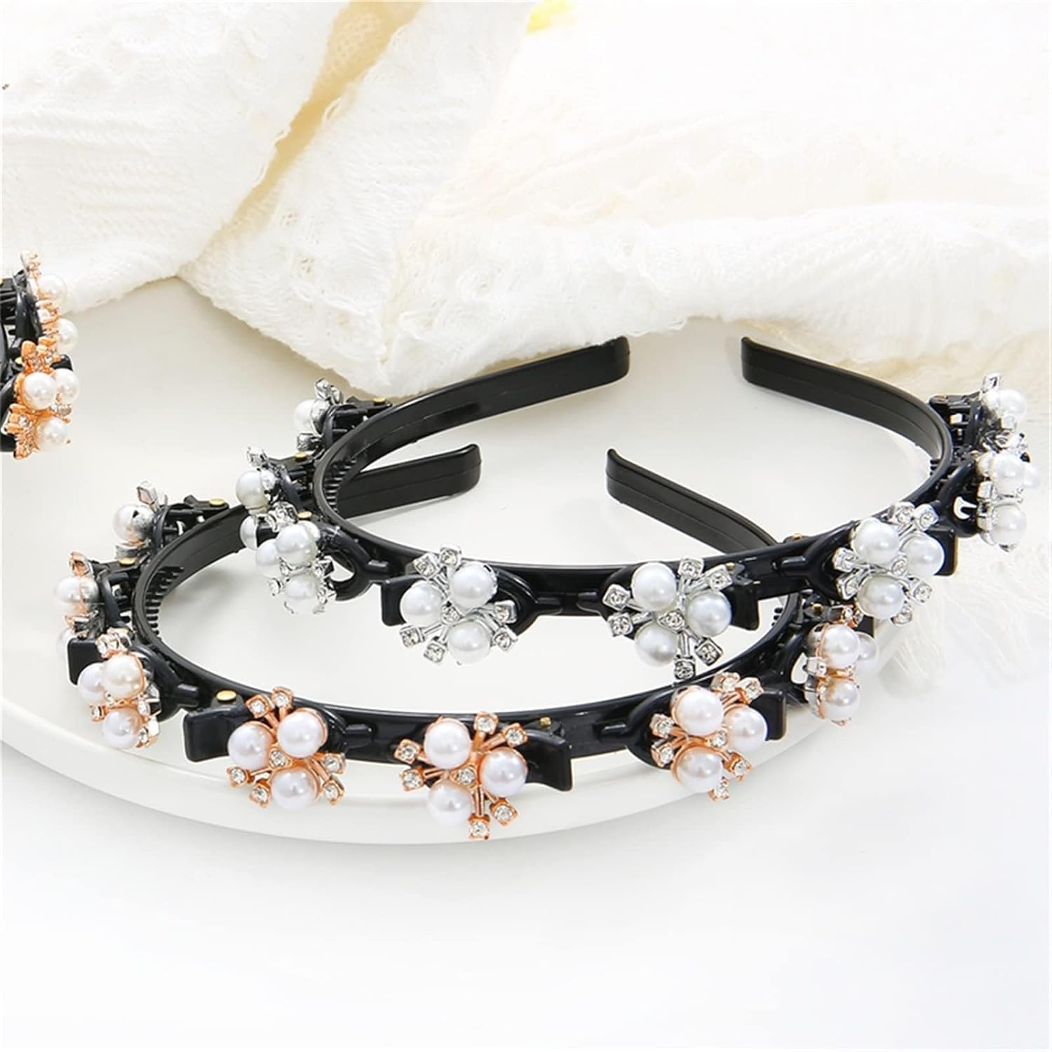 Avorable Stylish Braided Women Bangs Hairsty Headband With Dazzling dream Pearl Hair Clip Elegant Flower Alligator Clips Pearls And Rhinestones Hair Accessories Crystal Stone - (Silver + Gold Combo, 1)-image-30