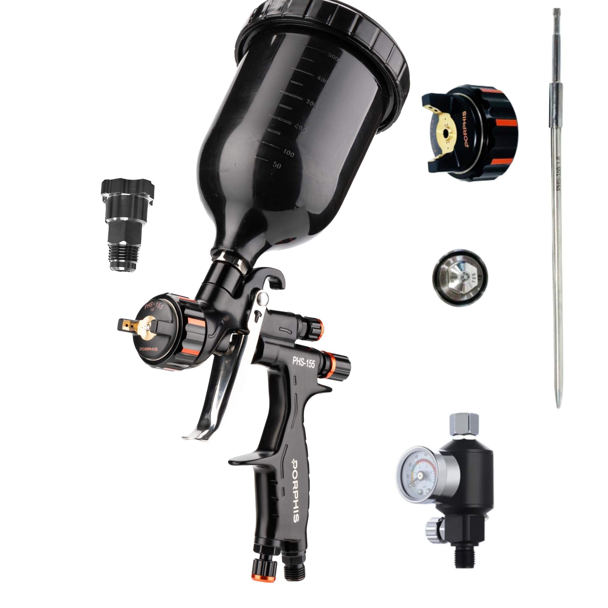 PHS 155 - Paquete de base de pistola de pulverización de alimentación por gravedad de 1,3 mm y 1,8 mm, incluye regulador y filtro en línea, adaptador PPS 1.0 y kit de limpieza