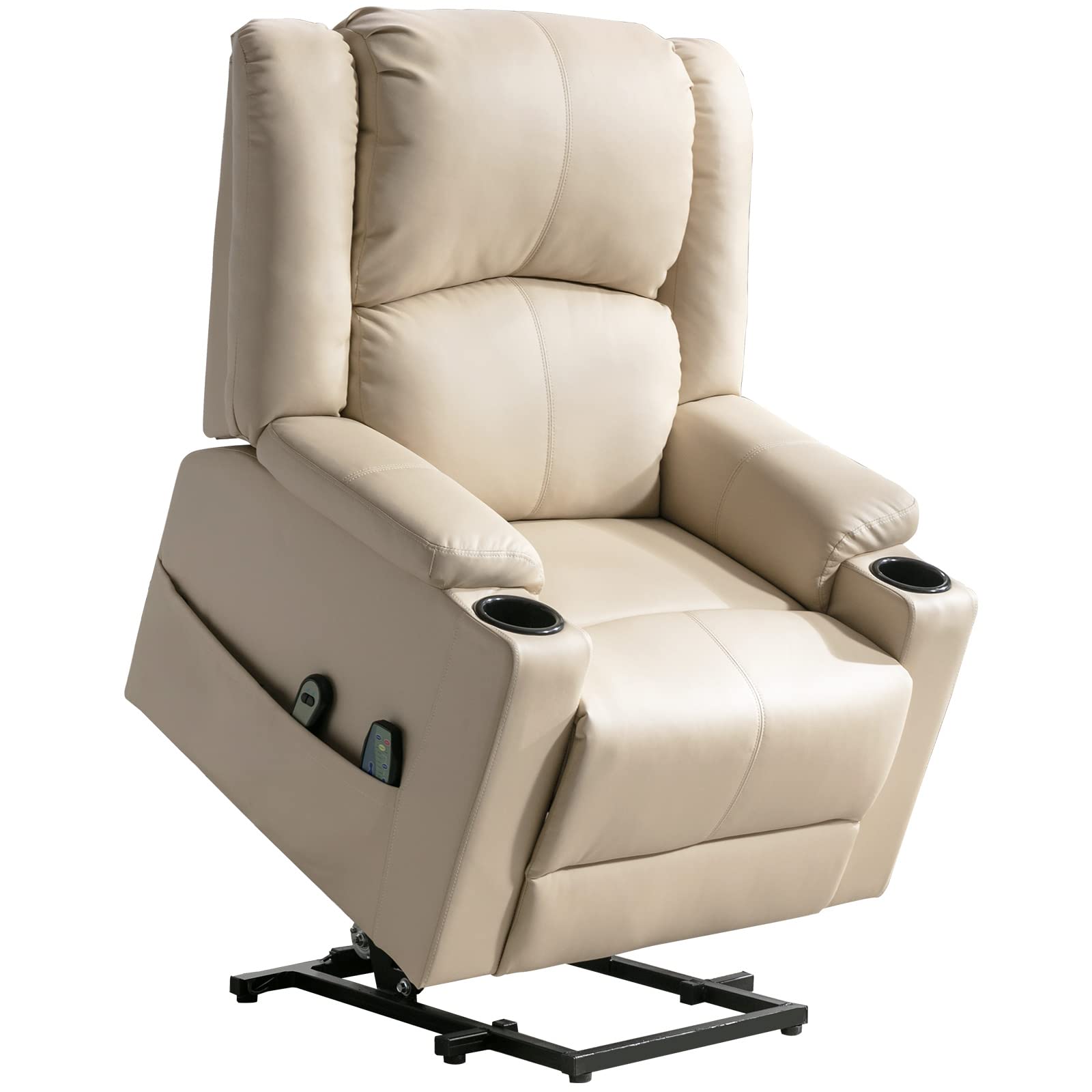 COMHOMA Fauteuil Électrique Relax Massage et Relaxation Aide à Debout - Dossier Réglable, Pédales Rétractables, 2 Porte-gobelets - Beige/Blanc pour Personnes Âgées