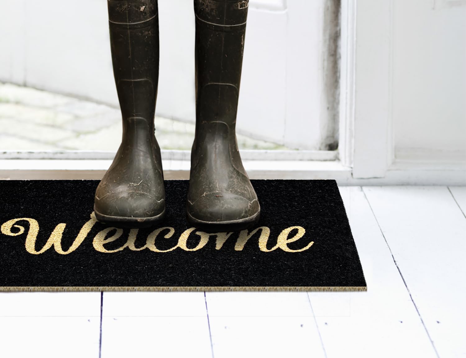 Banzaii Zerbino in Cocco da Esterno o Interno con Retro Antiscivolo e Brillantini Glitter Applicati 40x70 cm - Welcome Nero