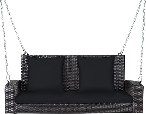 RELAX4LIFE Columpio de porche de 2 asientos, columpios de mimbre para porche al aire libre con dos cadenas de acero sólido de 7.9 pies, cómodos