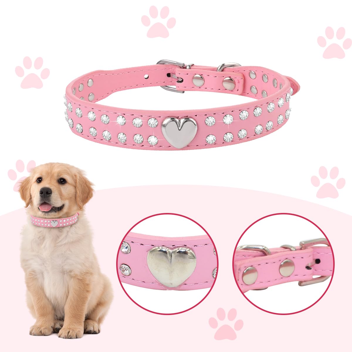 Luckious Brand Crystal Pet Collar - Bling PU Leather Rhinestone Adjustable Collar for Small and Medium Dogs and Cats (Size: S/M) - Image 3