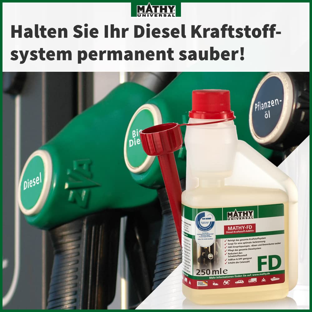 MATHY-FD Diesel-Pflege-Kraftstoffadditiv, 5 x 1 l, Additiv Systemreiniger | Dieseladditiv & Kraftstoffstabilisator, Hochkonzentrierte Reinigung für Dieselmotor, Reiniger bei jeder Tankfüllung