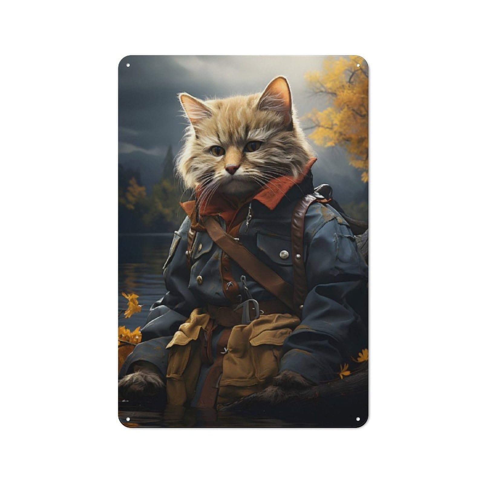 Metal Sign 30x20cm with Cat Fisherman on A Lake for Hallway Wall, Rustic Decor, for Wall Display Collectors