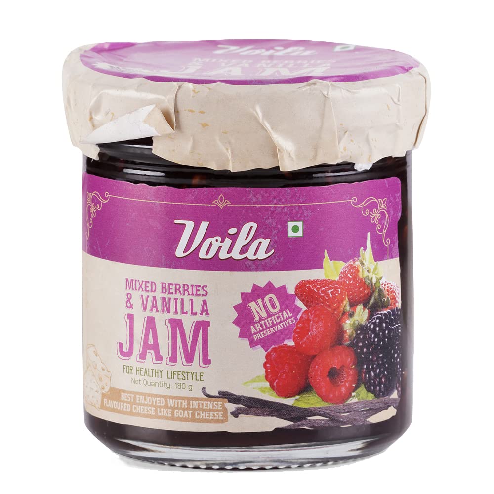 Voila Strawberry, Raspberry, Blackberry & Vanilla jam (Mixed Berries & Vanilla Jam) 180g | No Artificial Preservatives, Color or Chemical | Taste of Portugal | 100% Natural & Hand Picked Fruit