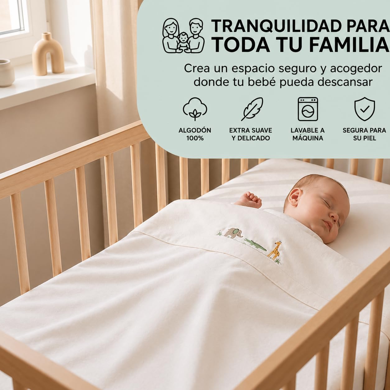 Lenzuola 100% cotone per culla, 60 x 120, 3 pezzi, colore: beige (lenzuolo con angoli + lenzuolo superiore + federa per cuscino) - Made in Spagna
