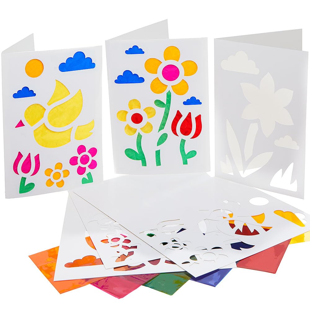 Baker Ross FN688 Spring Stained Glass Greeting Card Kits - Pack of 6, Spring Greeting Cards with Colourful Cellophane Effects