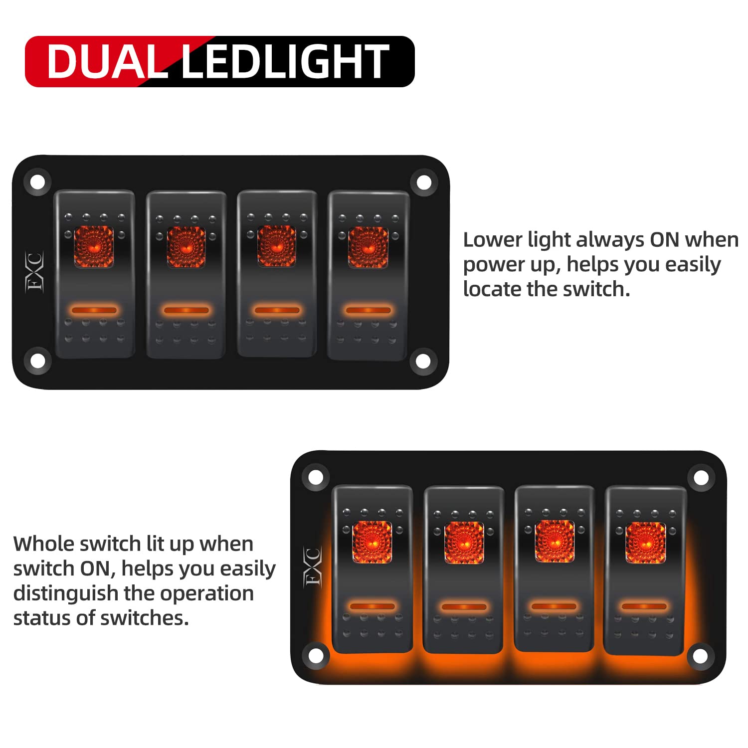 FXC Interruptor basculante panel de aluminio 4 interruptores de palanca de 5 pines ON/OFF 2 LED retroiluminado para barco coche marino Orqange