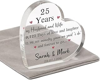 25th Wedding Anniversary Gift for Couples Husband Wife Parents Mum and Dad, Personalised Silver Wedding Anniversary Gift Him Her, 25 Years Married, Acrylic Heart Block With Grey Bag