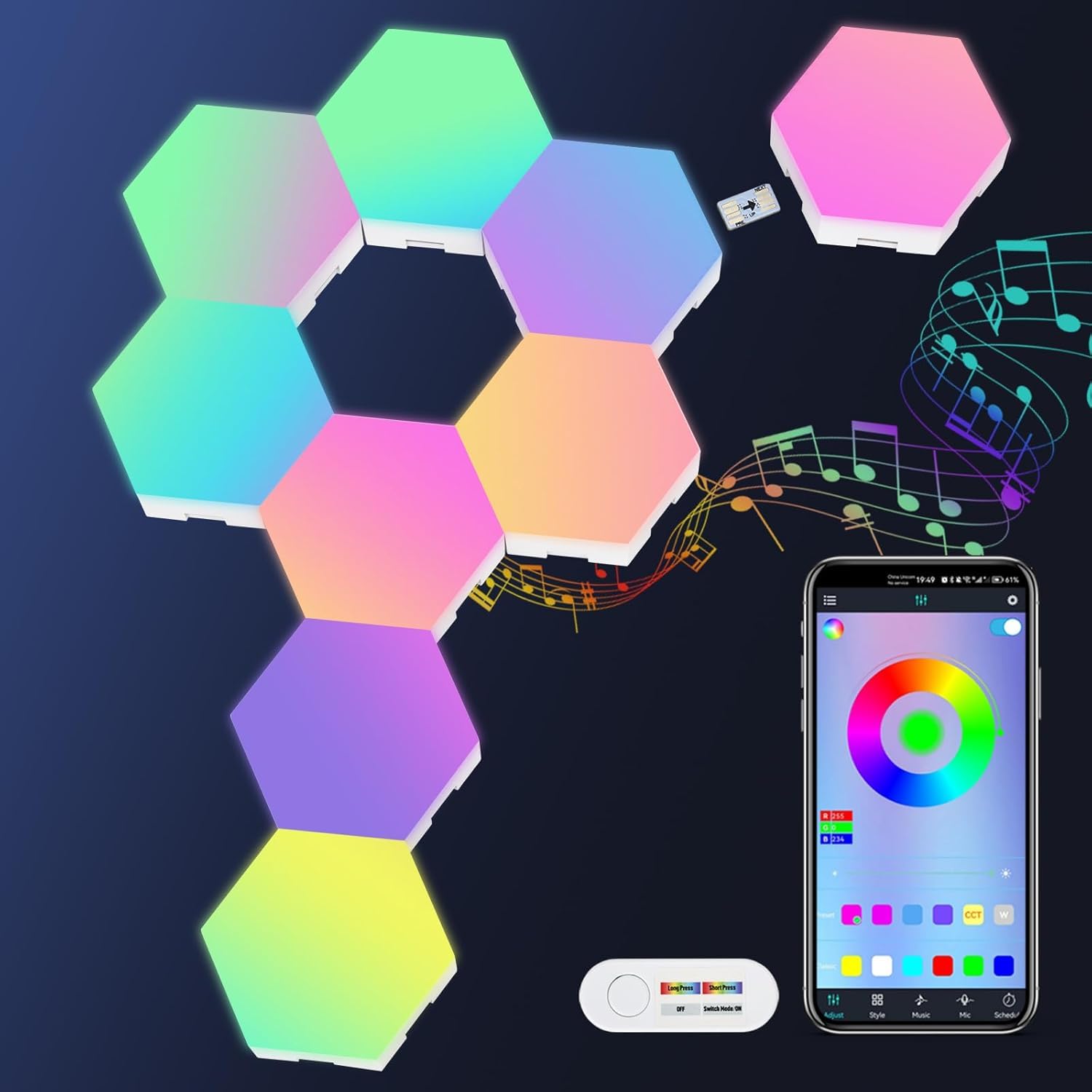 8 Pack Hexagon Light Panels Cool Music Sync RGB Hexagon LED Lights Gaming Lights with APP & Remote Control Wall Lights Gift for Home Decor Living Room Bedroom Gaming Room
