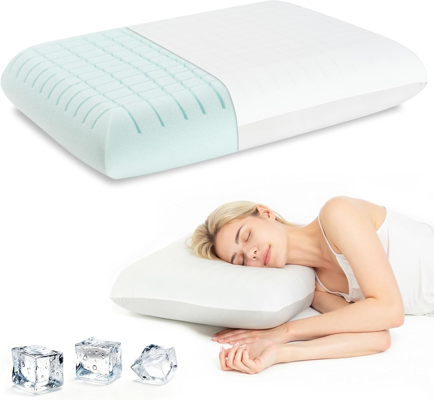 Premium Standard Pillow, Ice-Feel Breathable Cooling Pillow with Ventilated Sponge-Fill Support, Memory Foam Pillows-Style Bed Pillow for Hot Sleepers
