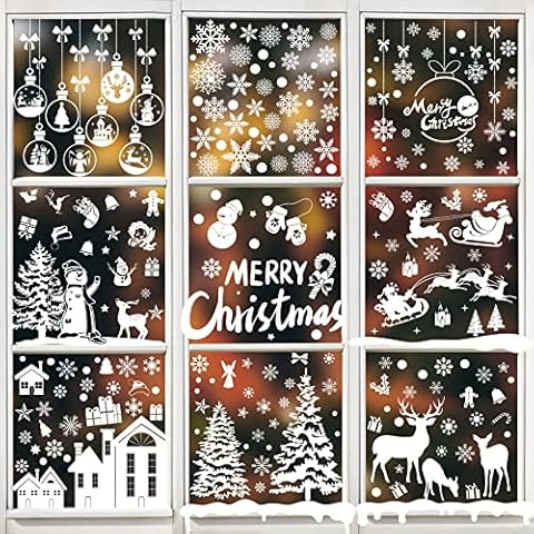 Bigqin 256 Pieces Christmas Window Sticker 2022 Xmas Window Film White Santa Claus Snowflake Reindeer Window Clings Reusable PVC Decals for Glass Winter Holiday Decorations, 9 Sheets Cover
