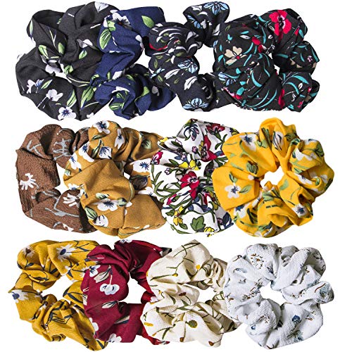 12 Pack Chiffon Hair Scrunchies Flower Scrunchy Hair Bobbles Floral Hair Ties Ponytail Holder for Women Girls- 12 Assorted Colors