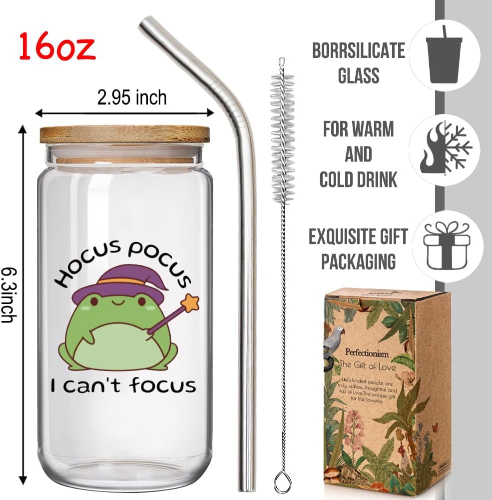 Halloween Magic Frog Witchy 16oz Glass Cups with Lids & Straws Gift for Frog Lover, Hocus Pocus I Can't Focus, Halloween Gifts, Humor Mental Health Frogs Office Decor for Coworkers Friends