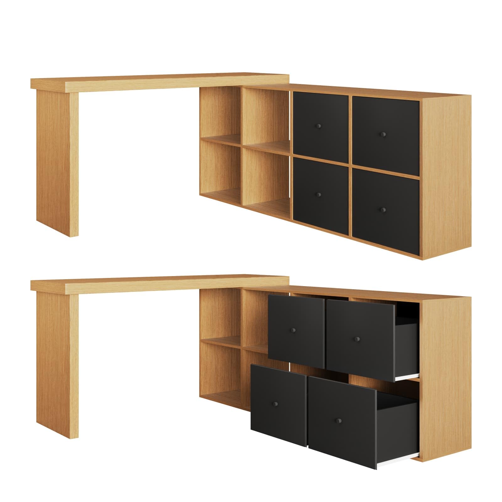 Sweiko Bureau d'angle Informatique Pivotant 360° avec 4 Tiroirs de Rangement, Bureau Modulaire avec Étagères Ouvertes, bibliothèque pour Home Office et Chambre Ado