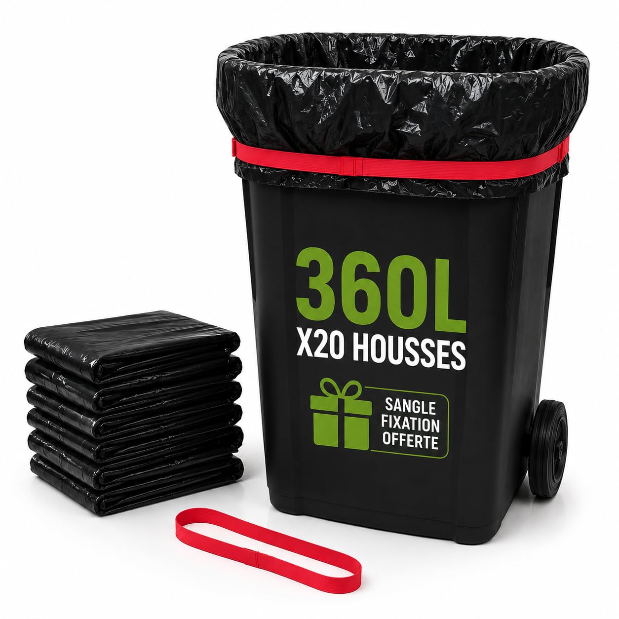 Bolsa de basura de 360 litros | 20 fundas de contenedor + 1 correa de fijación incluida. Bolsas fundas de 360 litros, color negro | todo tipo de residuos y basura, grosor 30 µ, antifugas y
