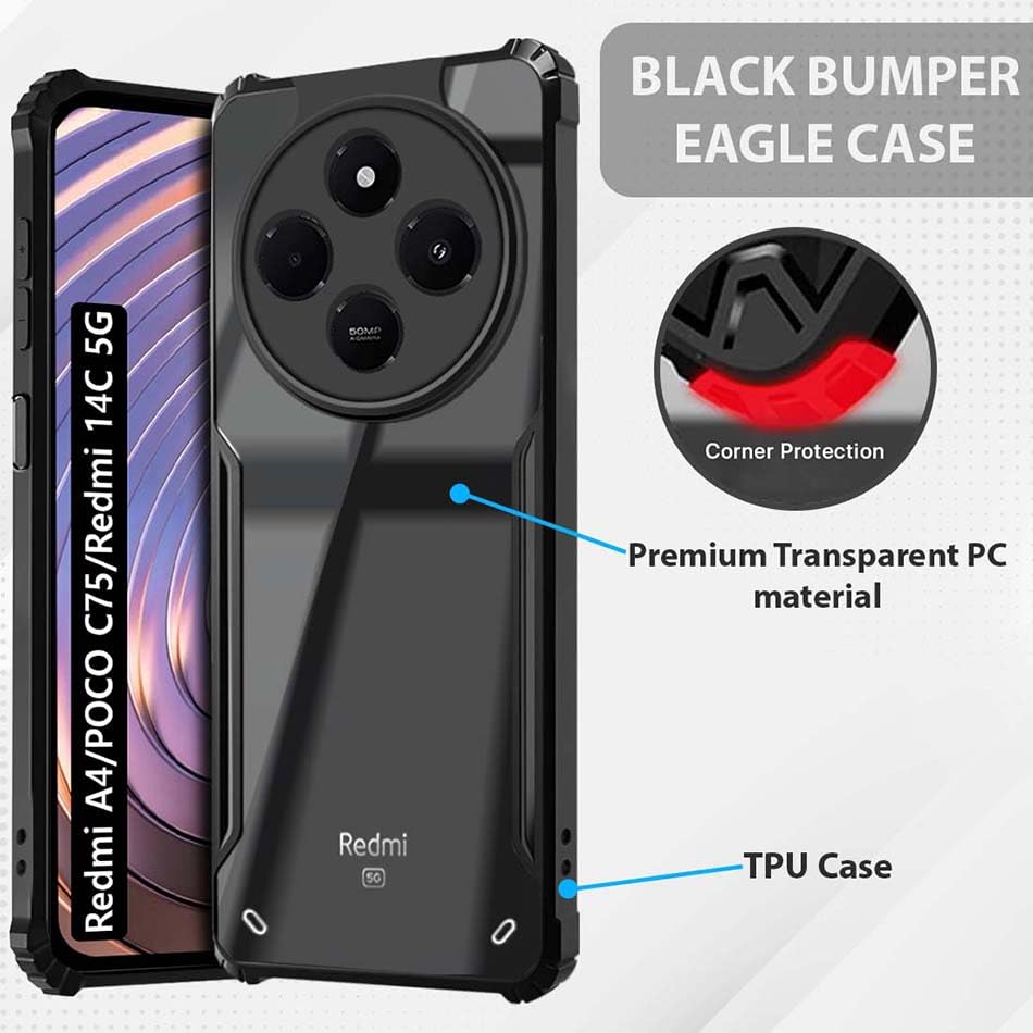 Fashionury Shockproof Crystal Clear Back Cover Case for Redmi A4 5G / Poco C75 5G / Redmi 14C 5G / Poco M7 5G | 360 Degree Protection | Transparent Back Case Cover (Black Bumper) 25