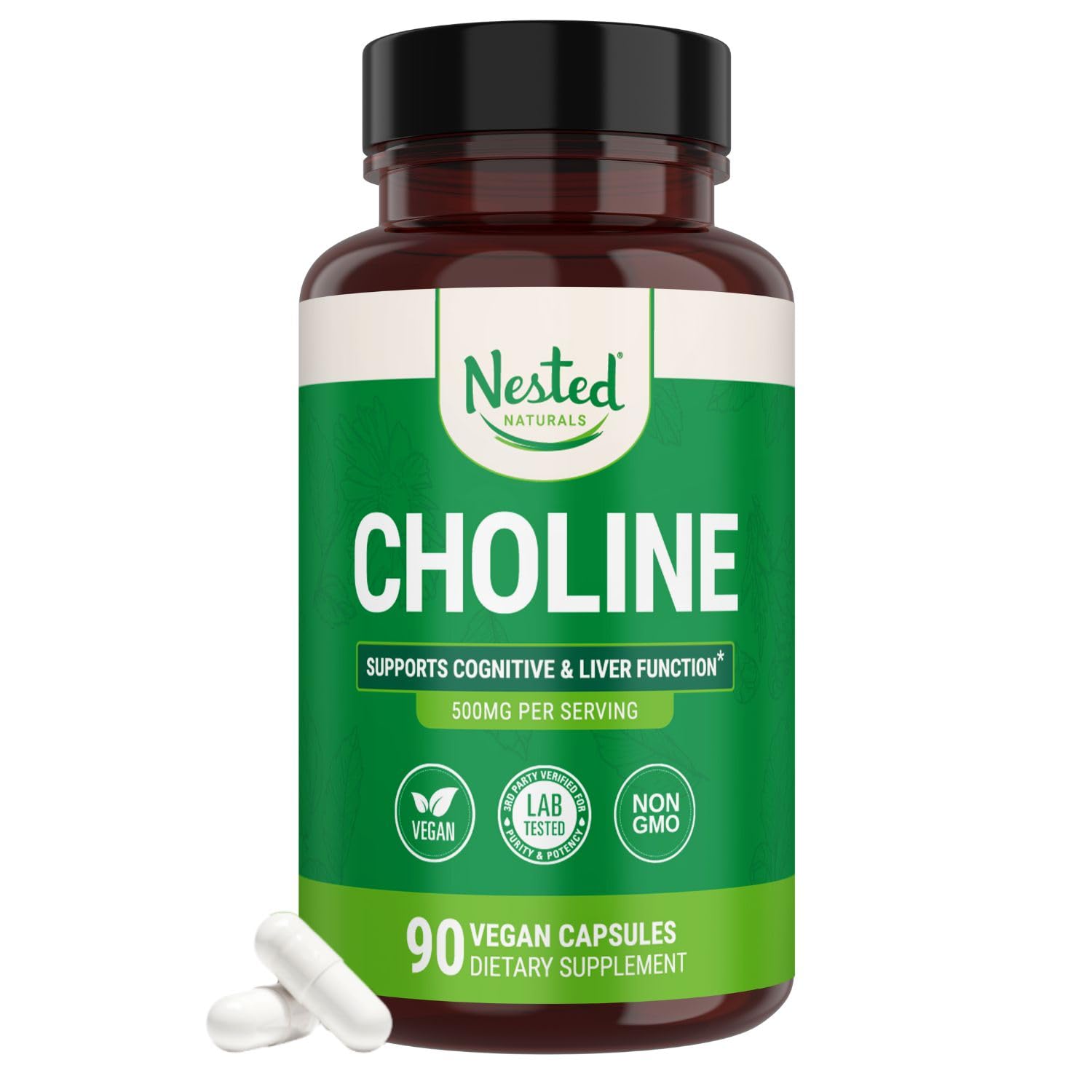 Choline Bitartrate 500mg - High Potency Choline Supplements - Supports Cognitive Performance & Liver Function - 100% Vegan & Non-GMO Choline - 90 Vegan Capsules