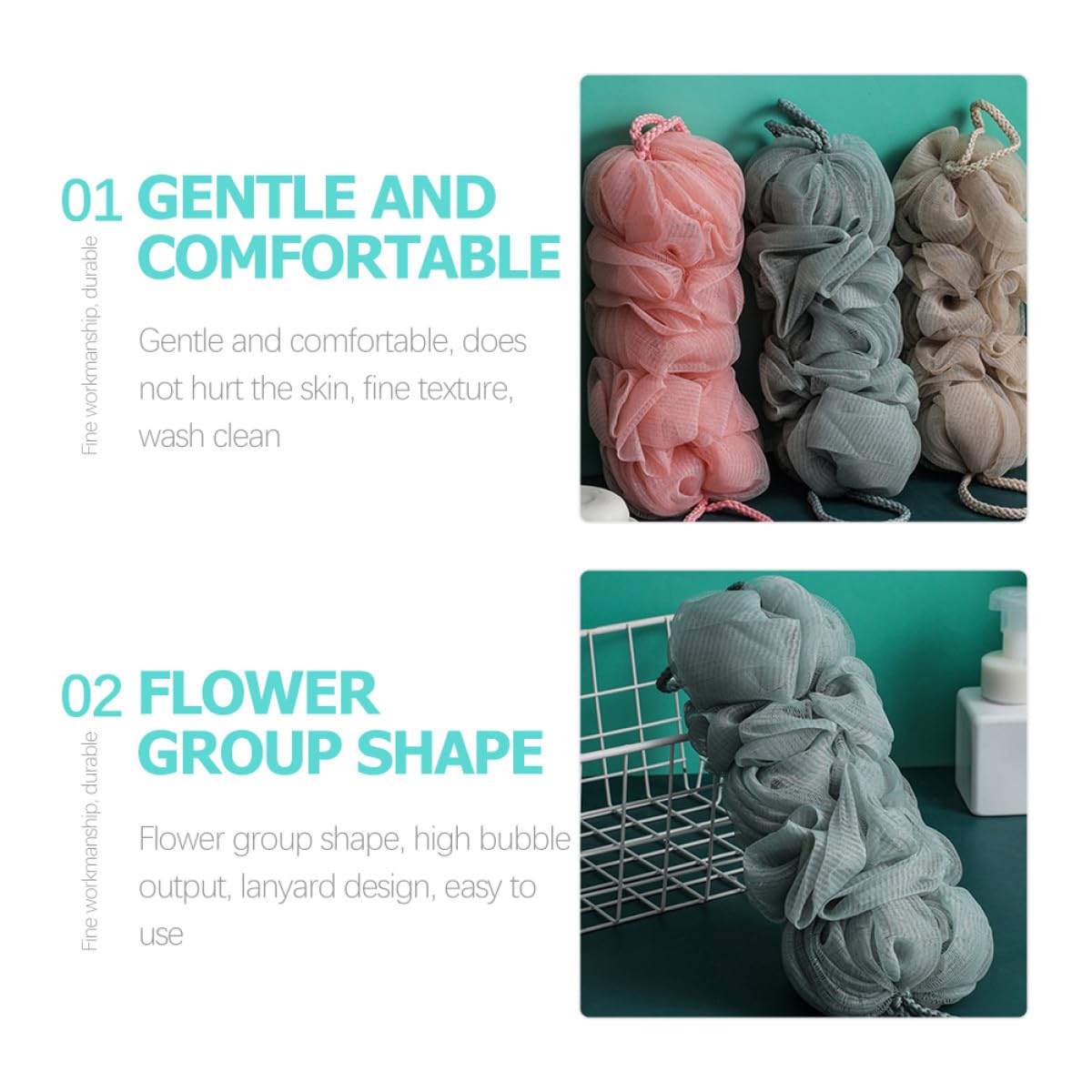 Spugne Luffa da Doccia 3 Pezzi Morbide Filo Rinforzato e Design Appendibile, Esfoliazione Corpo per Adulti e Donne Gravidanza, Uso Quotidiano in Bagno