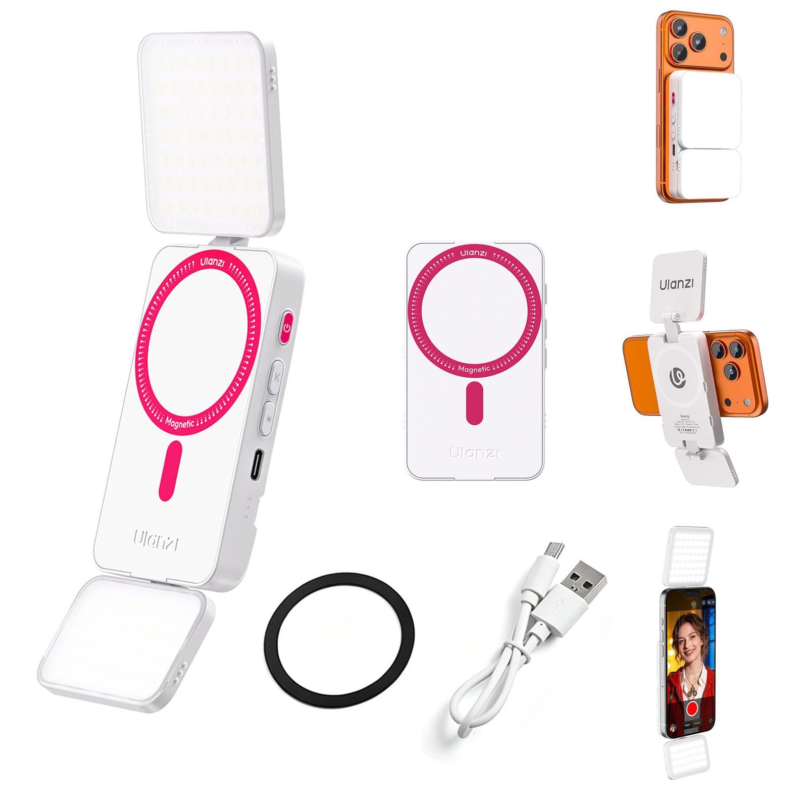 ULANZI GL01 Luce per telefono, Phone selfie light quadrati con asta regolabile a 45°, 2500K-6500K, Luce fotografica portatile per riprese nightout, Compatibile con iphone 17/16/15 non promax