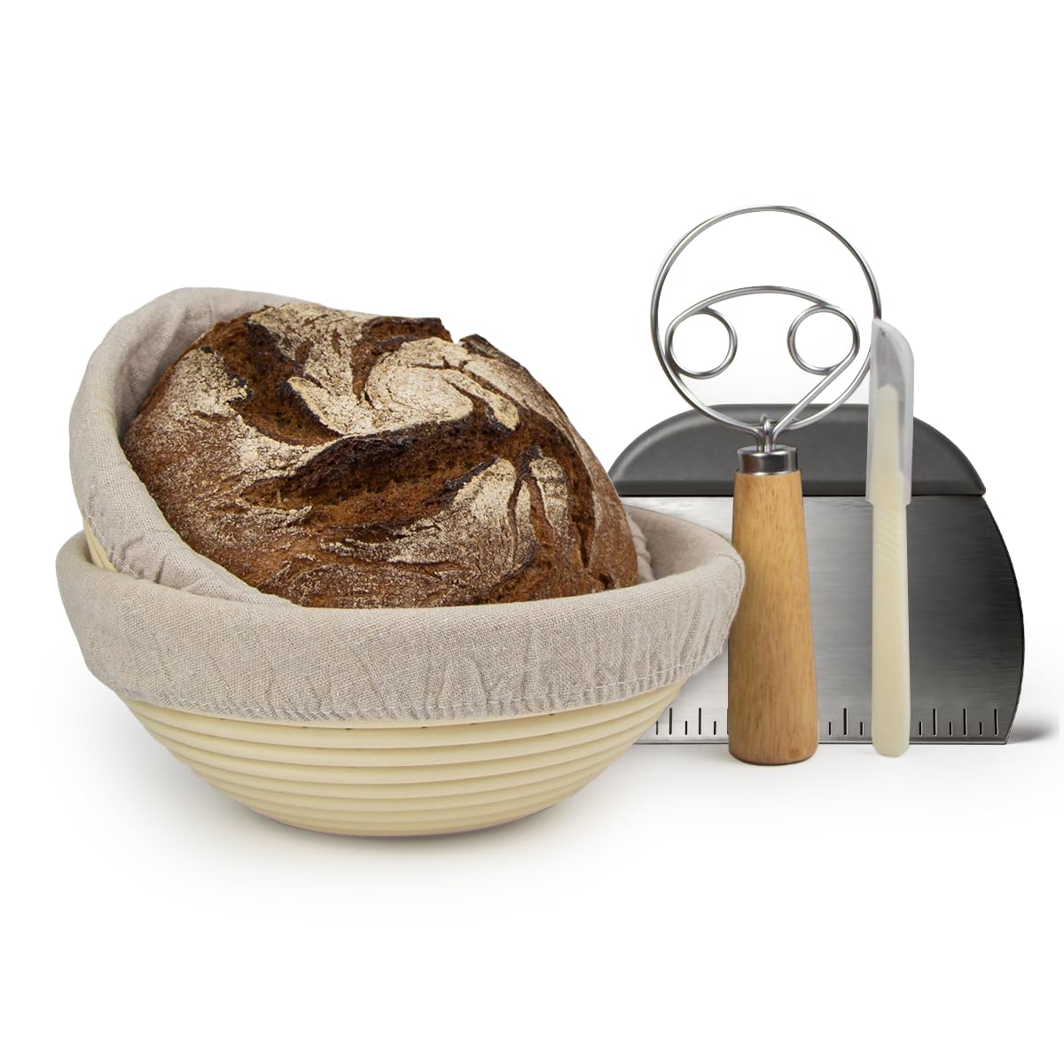 Gärkörbchen 2er Set aus PP | Schimmelfre,Lebensmittelecht, Waschbar | Brotbackset inkl. Brot Lame, Teigschaber & Leinentuch (Rund 20&22cm)