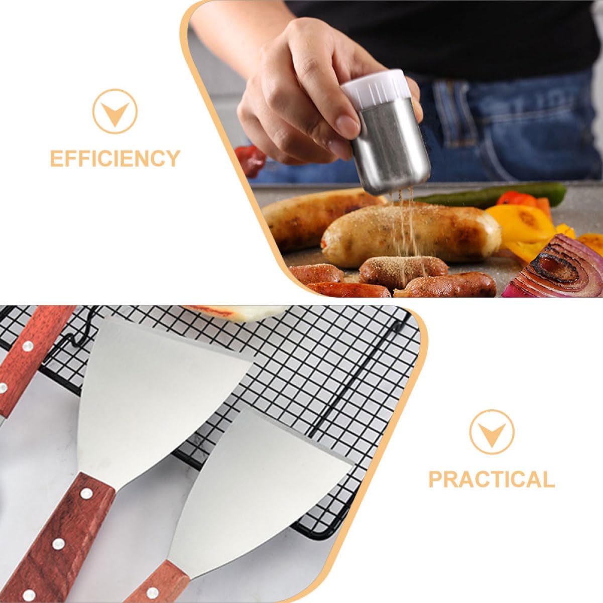 Set Utensili Bbq in Acciaio Inossidabile Legno e Silicone per Grigliata Esterna, 5 Pezzi Schiaccia Hamburger, Spatola e Boccetta per Condimenti