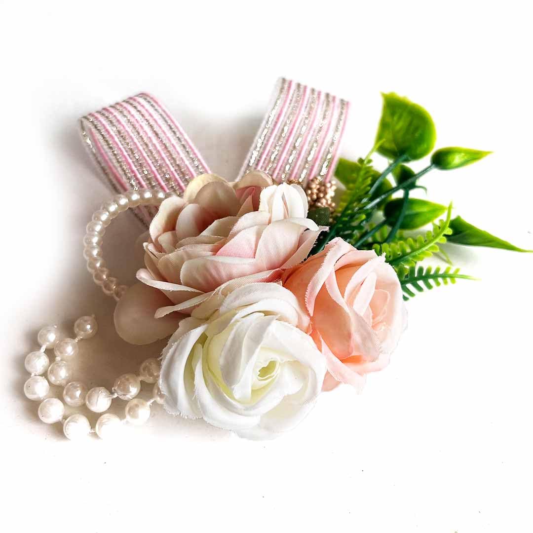 CRAFT SHOP INDIA Artificial Rose Flower Ribbon Leaf Flower Bunch for Hamper, Flower Brooch Hamper for Decoration, Gifting, Trousseau Packing | Flower Bunch (3, Baby Pink) 2