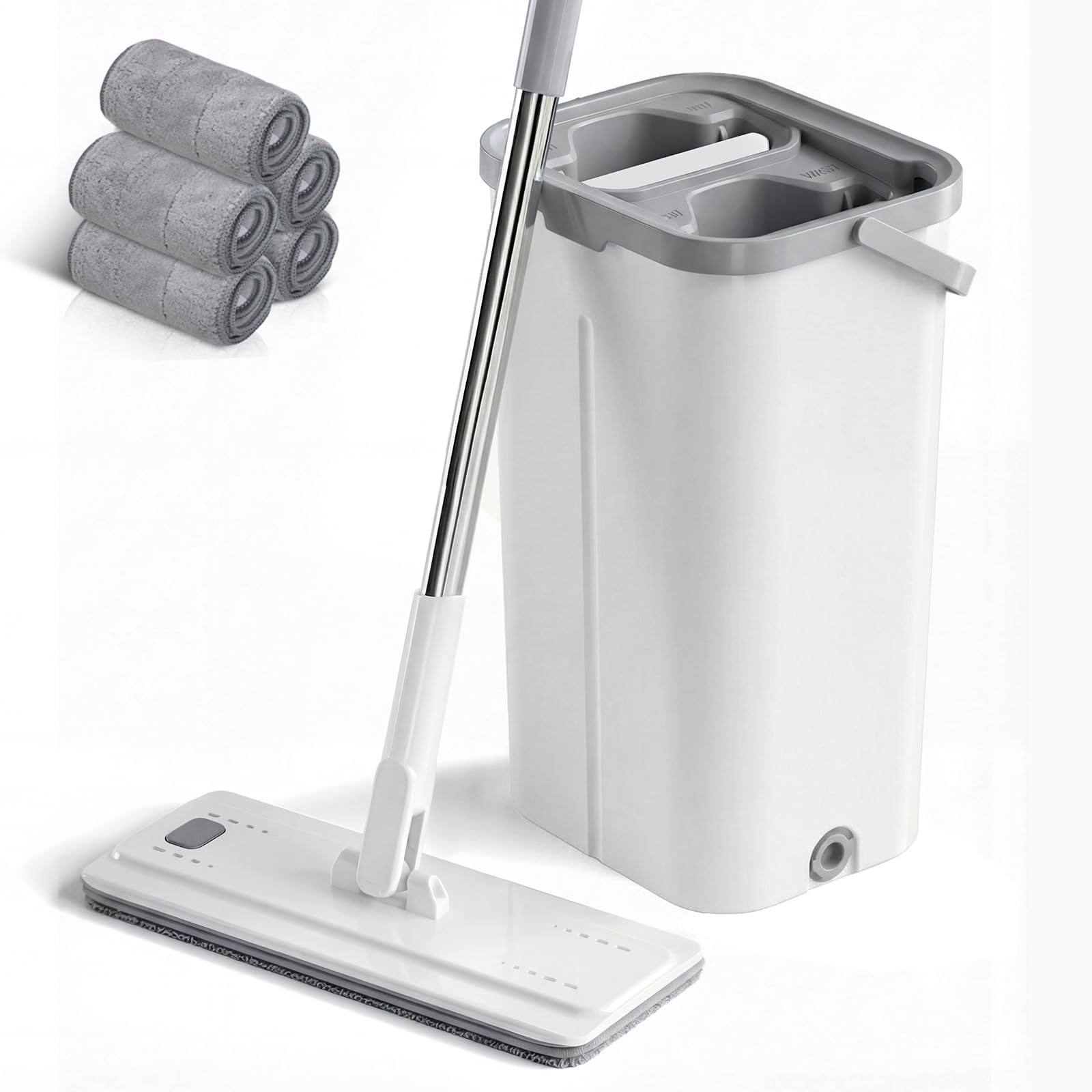 Floor Mop and Bucket Set with Wringer,2-Bucket System Separates Clean & Dirty Water,Hands-Free Compact Mop and Bucket with 5 Reusable Pads,Mops for Cleaning Hardwood Laminate Floors
