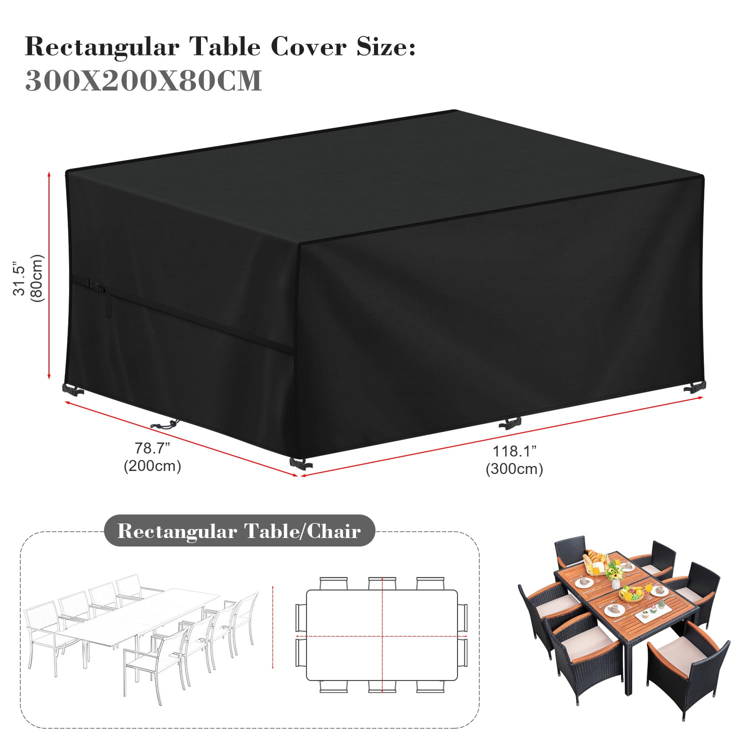 LAMUNI Copertura per Mobili da Giardino Impermeabili Copertura Tavolo da Giardino Rettangolare Telo Copritavolo da Giardino Tessuto Oxford 420D Copertura per Divano da Esterno, Anti-UV, 300x200x80cm