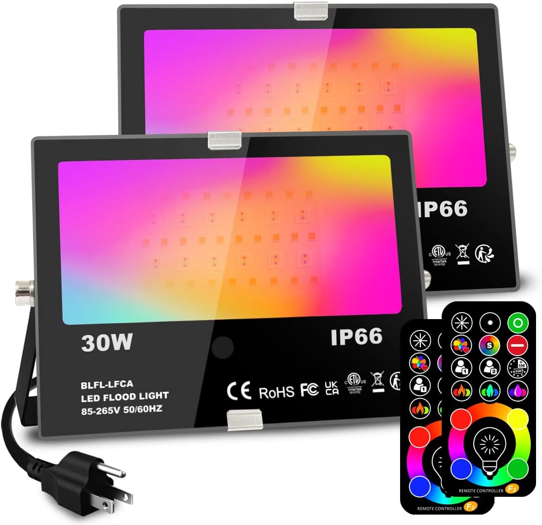 MELPO 30W Led Flood Light Outdoor 300W Equivalent, Color Changing RGB Lights with Remote, 120 RGB Colors, Warm White 2700K, Timing, Custom Mode, Uplight Landscape Lights,IP66 US 3-Plug (2 Pack)